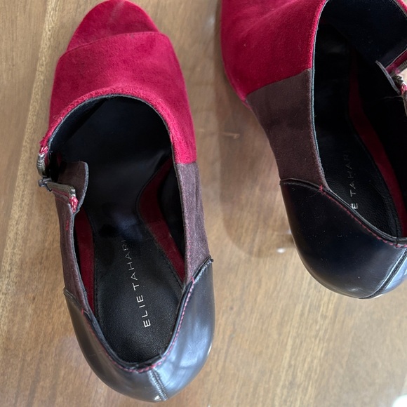 Elie Tahari Burgundy and Black Suede Peep-Toe Ankle Booties - Picture 2 of 5